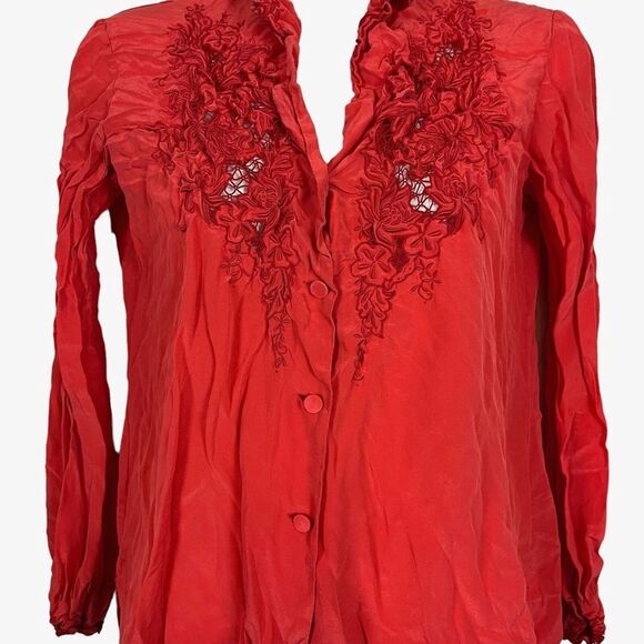 JADE LANTERN Pure Silk Vintage Red Button Up Shirt Top Embroidered Whimsigoth 6 - Picture 5 of 16